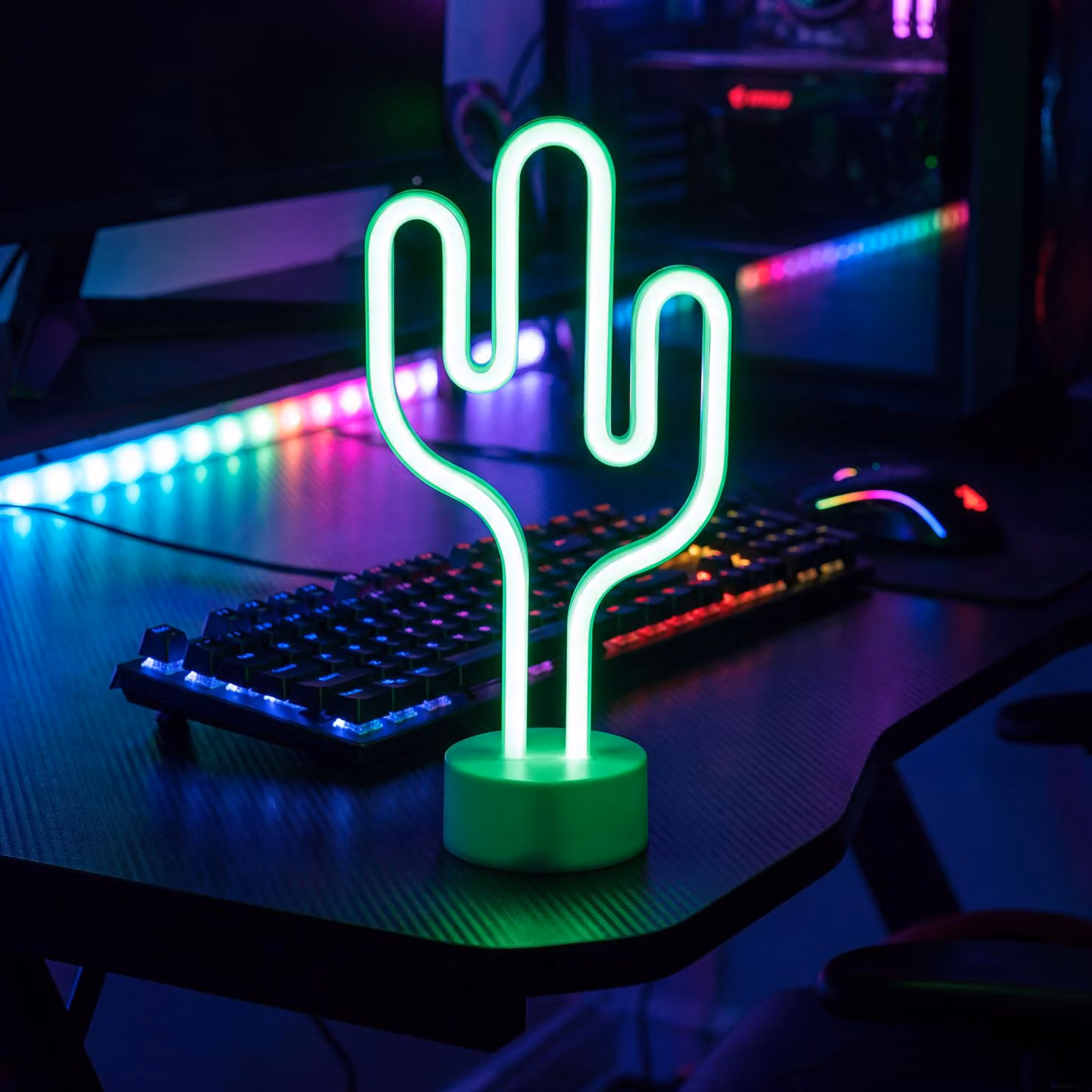 GLOBIZ Lampada LED neon - cactus verde - 3 batterie AA + USB - 18,5 x 8,5 x 28 cm