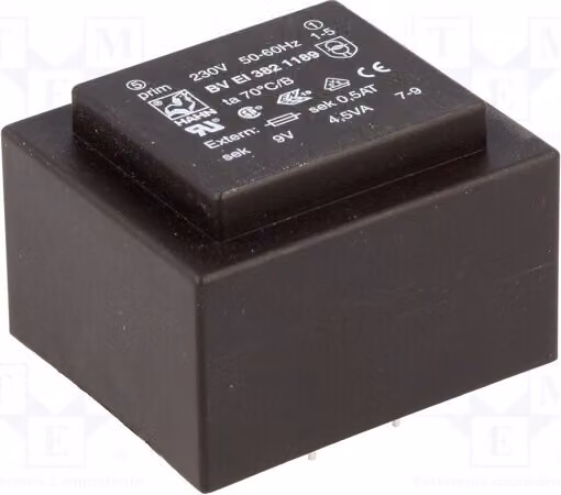 1 trasformatore: rivestito, 230 VAC, 500 mA, 4,5 VA, 9 V. Montaggio: BV EI 382 1189 - Trasformatore