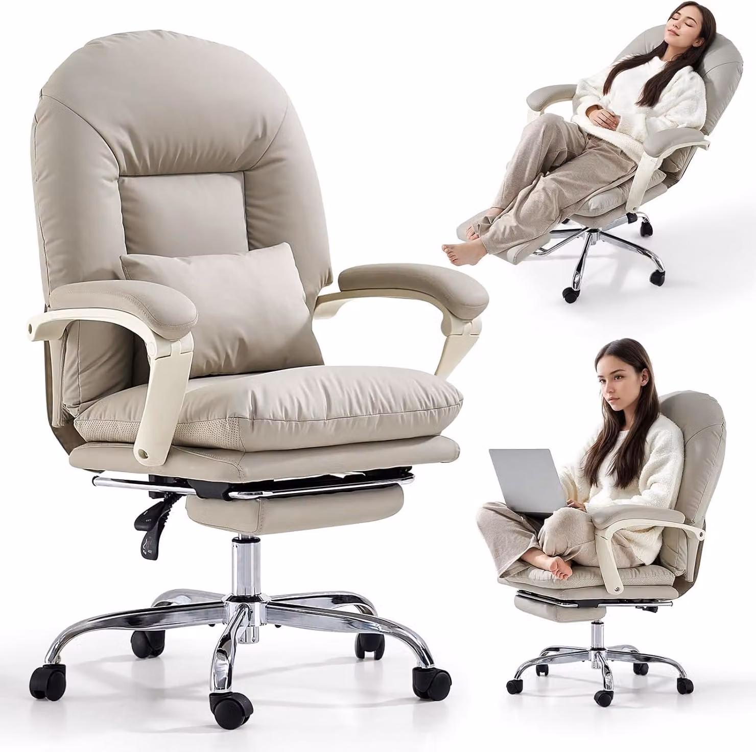 Sedia da ufficio ergonomica con poggiapiedi, schienale regolabile, rotelle e seduta confortevole, ideale per lavorare