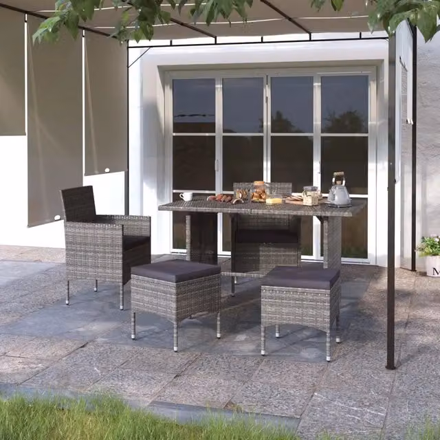 Set di 4 sedie da giardino con poggiapiedi vidaXL in polyrattan grigio e bianco con cuscini inclusi – 1