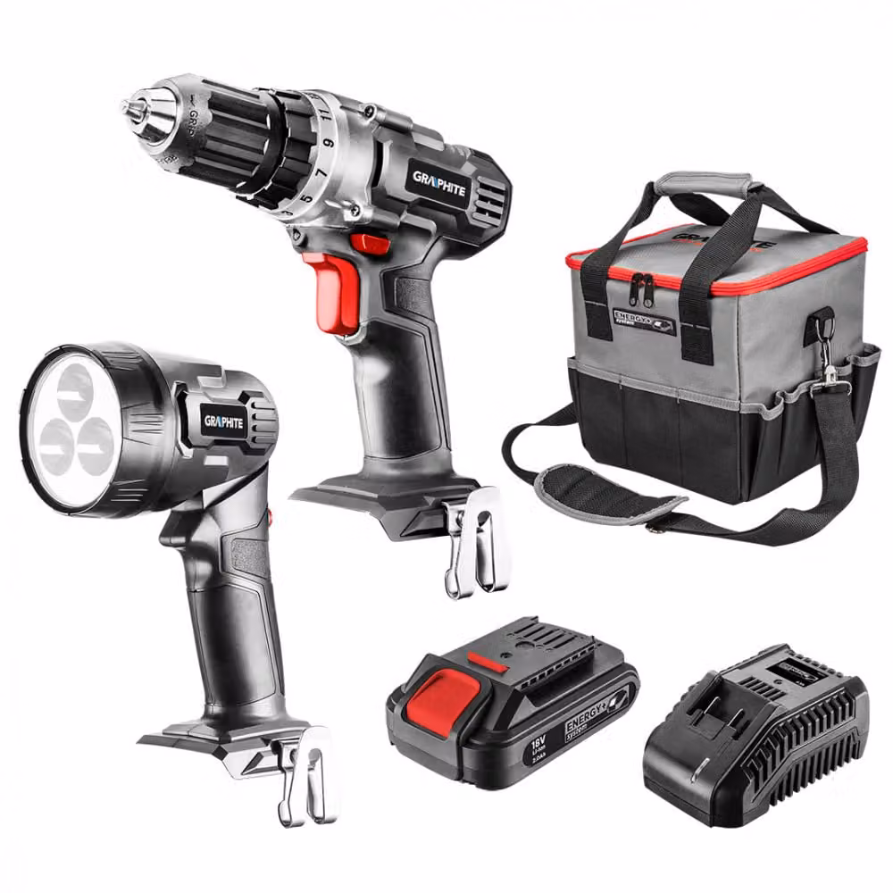 GRAPHITE ENERGY+ SET 18V trapano/avvitatore a batteria, Li-Ion, caricabatterie 2Ah, batteria, lampada, valigetta di trasporto 12L (58G016)