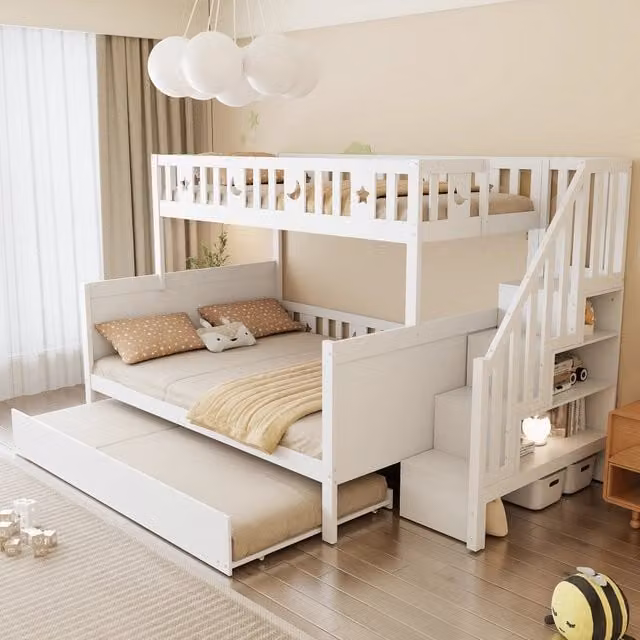 Letto a castello per bambini 90×200 cm e 140×200 cm con scala contenitore e letto estraibile, senza materasso, bianco