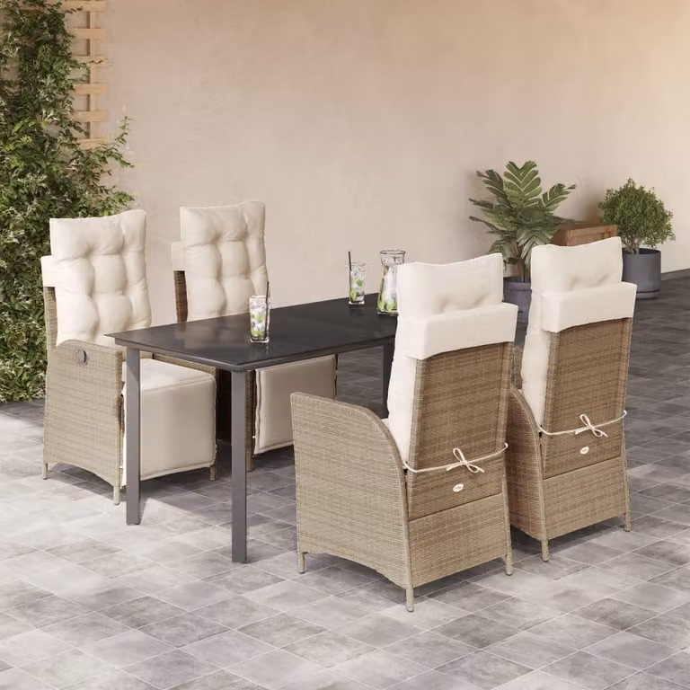 Set da Pranzo da Giardino 5 pz vidaXL in Polyrattan con Cuscini Beige e Tavolo in Vetro