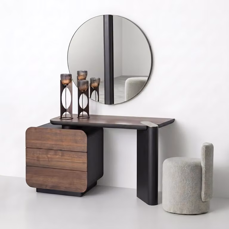 Set per tavolo da trucco moderno, color marrone e nero, elegante, con specchio e sgabello coordinati