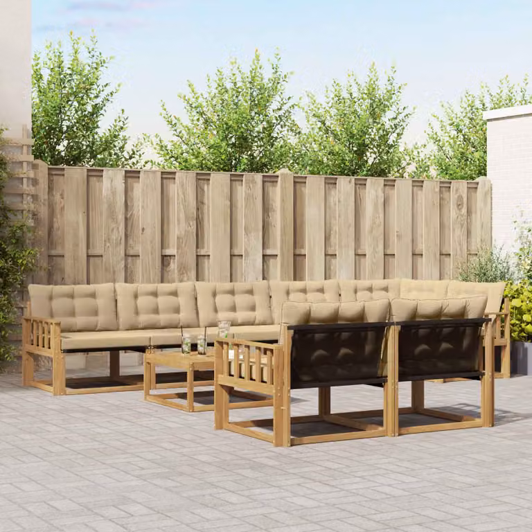 Set di divani da esterno moderno vidaXL in legno di acacia, 9 pezzi, Bianco, Beige e Marrone