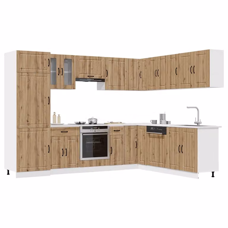 Set di mobili da cucina vidaXL Lucca in rovere marrone composto da 14 pezzi in legno e MDF con ante a battente e ripiani aperti in stile country house