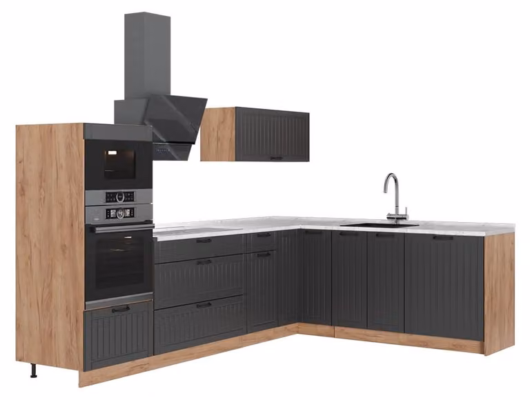 Cucina angolare completa Vicco Fame-Line Grigio scuro/Rovere dorato 287 x 207 cm, PL Marmo, Model 63499