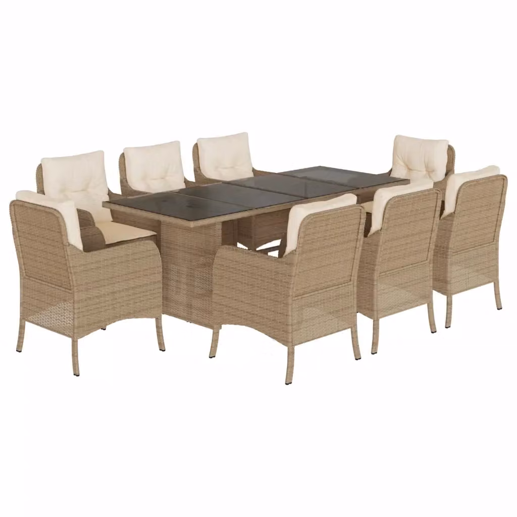 Set da Pranzo da Giardino vidaXL in Polyrattan con Cuscini Beige e Piano in Vetro, 9 Pezzi – 2
