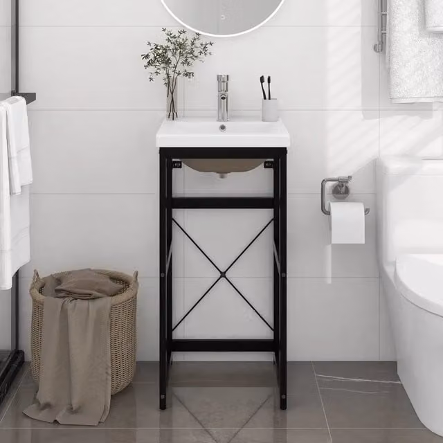 Lavabo da Bagno Moderno vidaXL in Metallo e Ceramica Lucida, Nero e Bianco, L: 83 cm, P: 40 cm, H: 38 cm – 1
