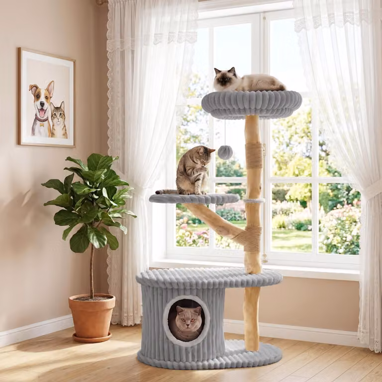 COSTWAY Albero per gatti da 105 cm con cuccia, tiragraffi per gatti con fusto in legno, superficie imbottita, piattaforme, pallina e tiragraffi in sisal, torre per gatti, albero per gatti