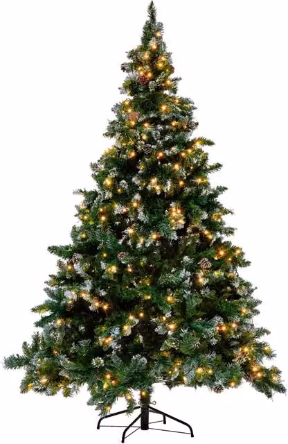 Albero di Natale Artificiale Preilluminato con LED Warm White Beliani Verde Innevato con Base in Metallo Nera Altezza: 210 cm – 1