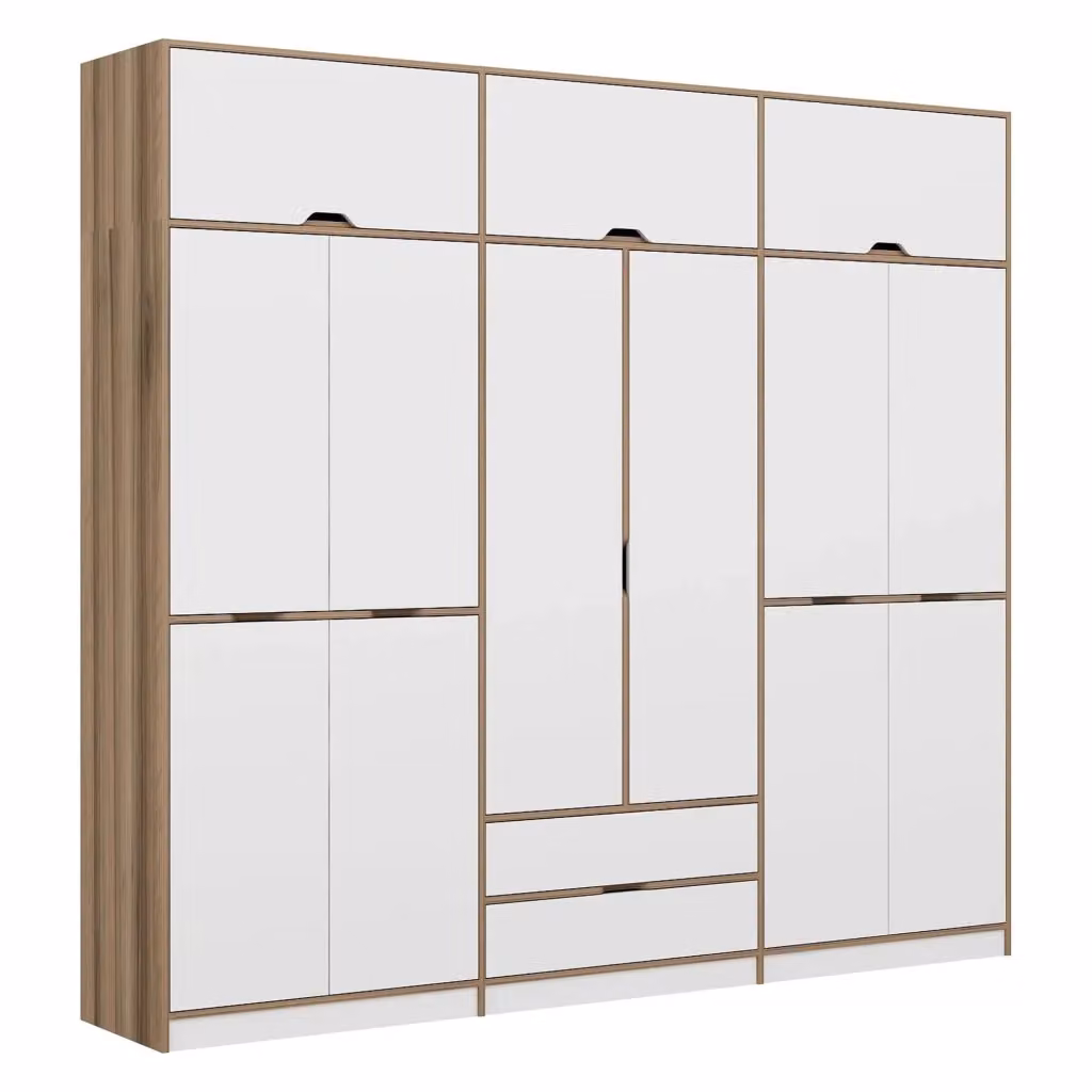 Armadio da camera da letto DMORA moderno con ante a battente e cassetti integrati, Bianco e Marrone, L: 277 cm, H: 253 cm – 2