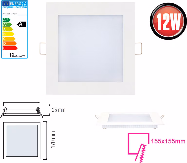 5x 12W Pannello LED 170 x 170 mm Faretto da incasso Luce da incasso bianco neutro 910 lumen Plafoniera angolare