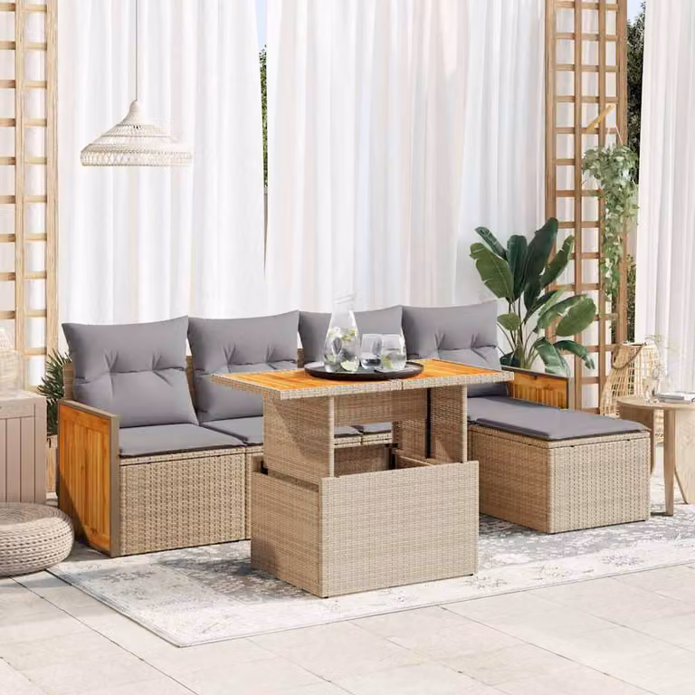 Set Divano da Giardino vidaXL 6 pz in Polyrattan e Legno di Acacia con Cuscini Beige e Grigio