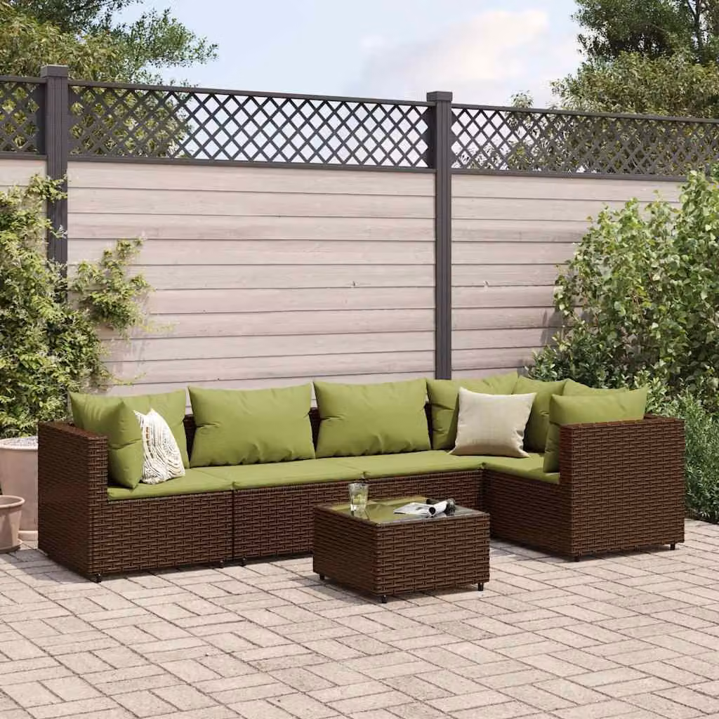 vidaXL Set di Mobili da Giardino Moderno a Forma di L con Cuscini, Polyrattan e Acciaio, Marrone e Verde – 1