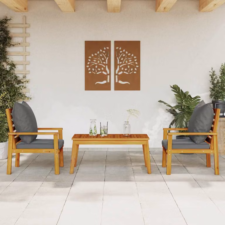 Set Mobili da Giardino 3pz vidaXL in Legno di Acacia con Cuscini Imbottiti Marrone e Grigio