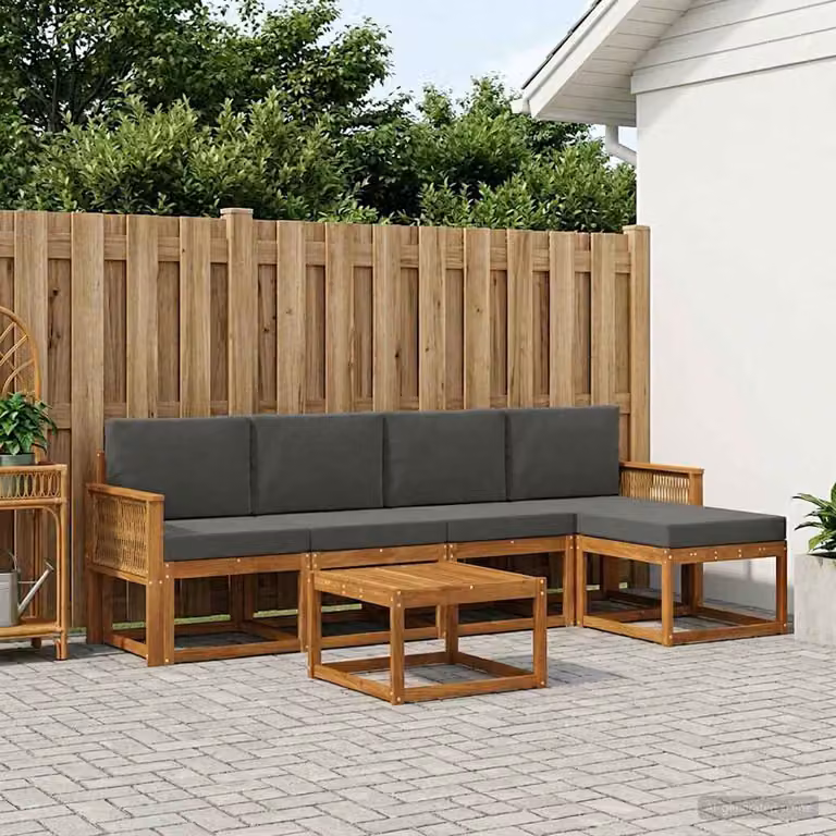 Set di divani da esterno vidaXL a forma di L composto da 6 pezzi in legno di acacia con tavolino e pouf, colori beige e antracite