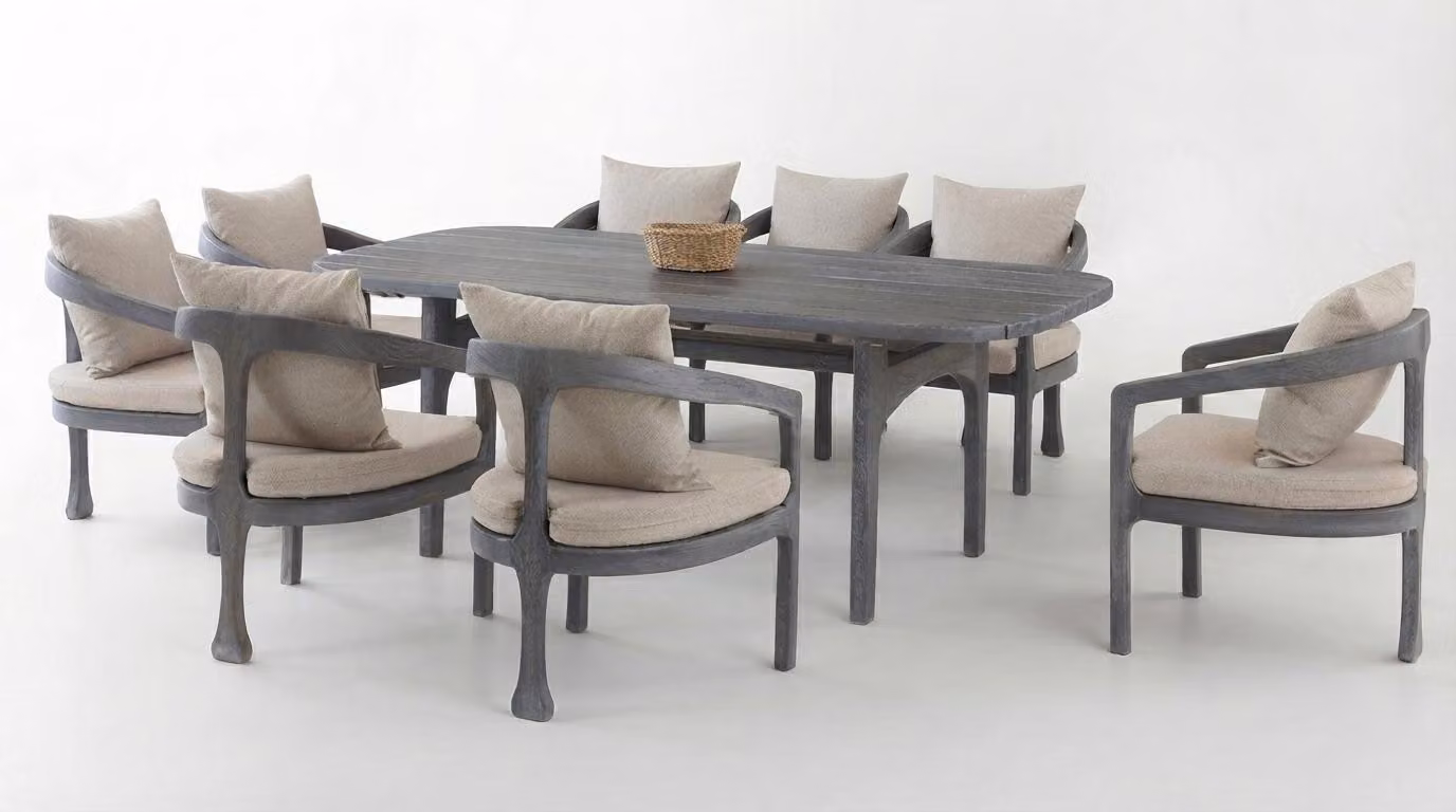 Set da giardino moderno, grigio, composto da un tavolo e 8 sedie con braccioli, in legno