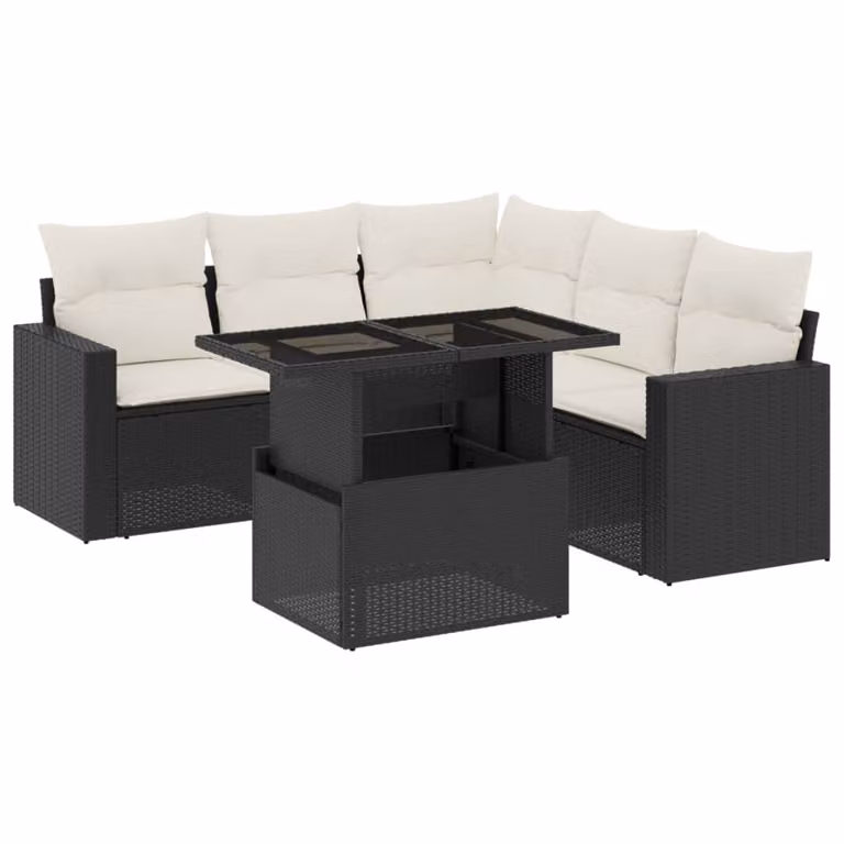 Set Divano da Giardino 6 pz con Cuscini Nero in Polyrattan