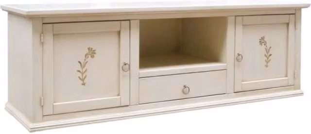 Porta TV Mobili 2G in stile shabby chic con decori floreali, 2 ante e 1 cassetto, colore beige e bianco, L: 160 cm, P: 46 cm, H: 56 cm – 1