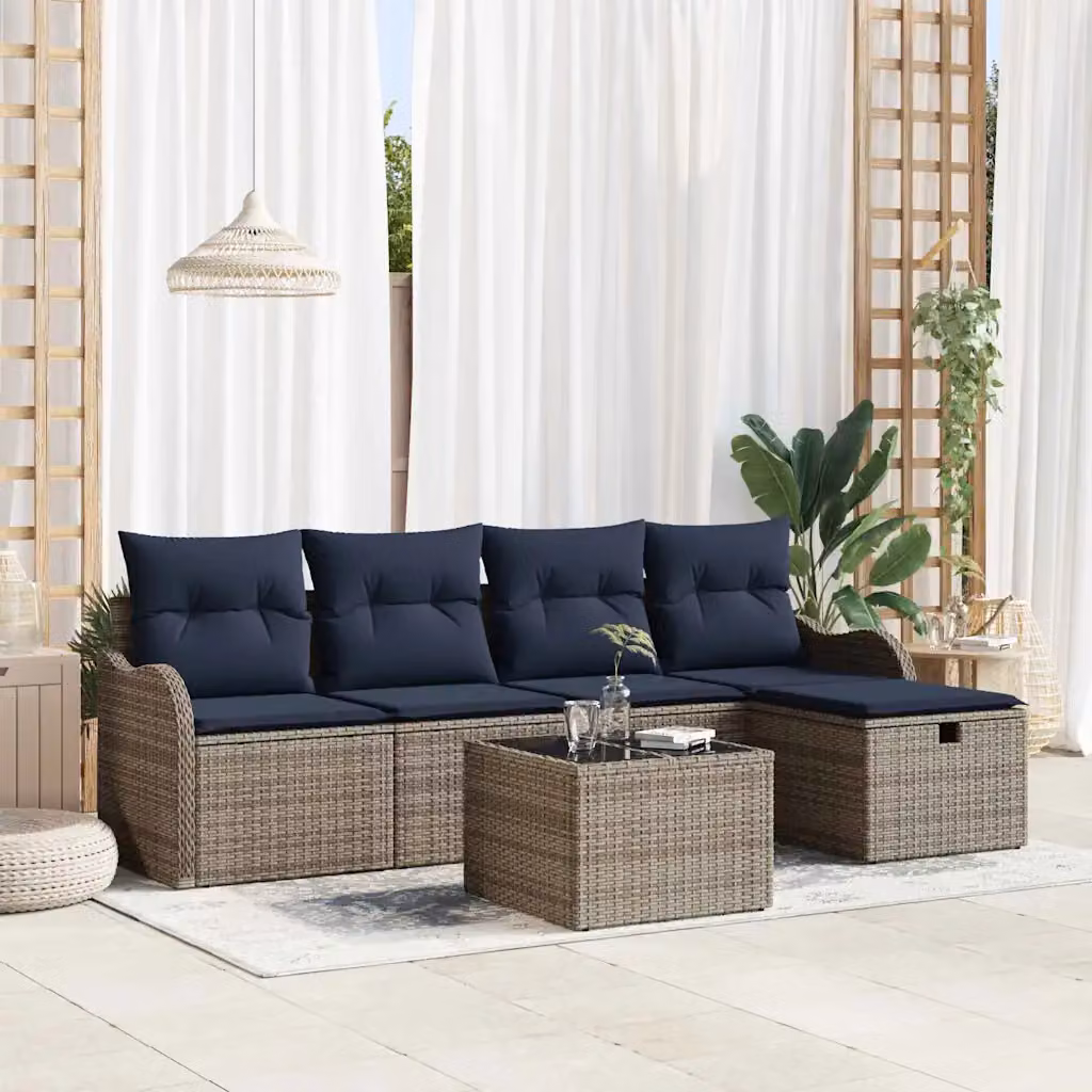 Set Divano da Giardino vidaXL 6 Pezzi a Forma di L con Tavolino e Pouf, Grigio e Blu Navy