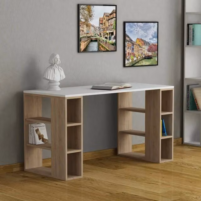 Scrivania DMORA Sulpice moderna in legno e MDF, Bianco e Marrone, L 140 x P 60 x H 75 cm