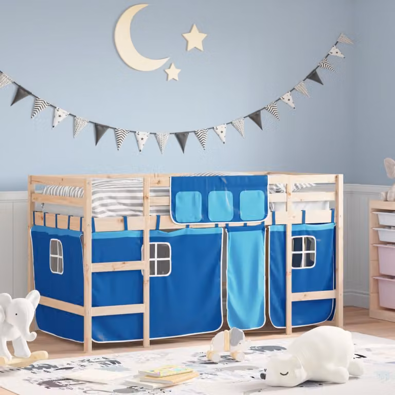 vidaXL Letto a Soppalco per Bambini in Legno di Pino Massello con Tende Blu L: 200 cm, P: 80 cm, H: 178.5 cm
