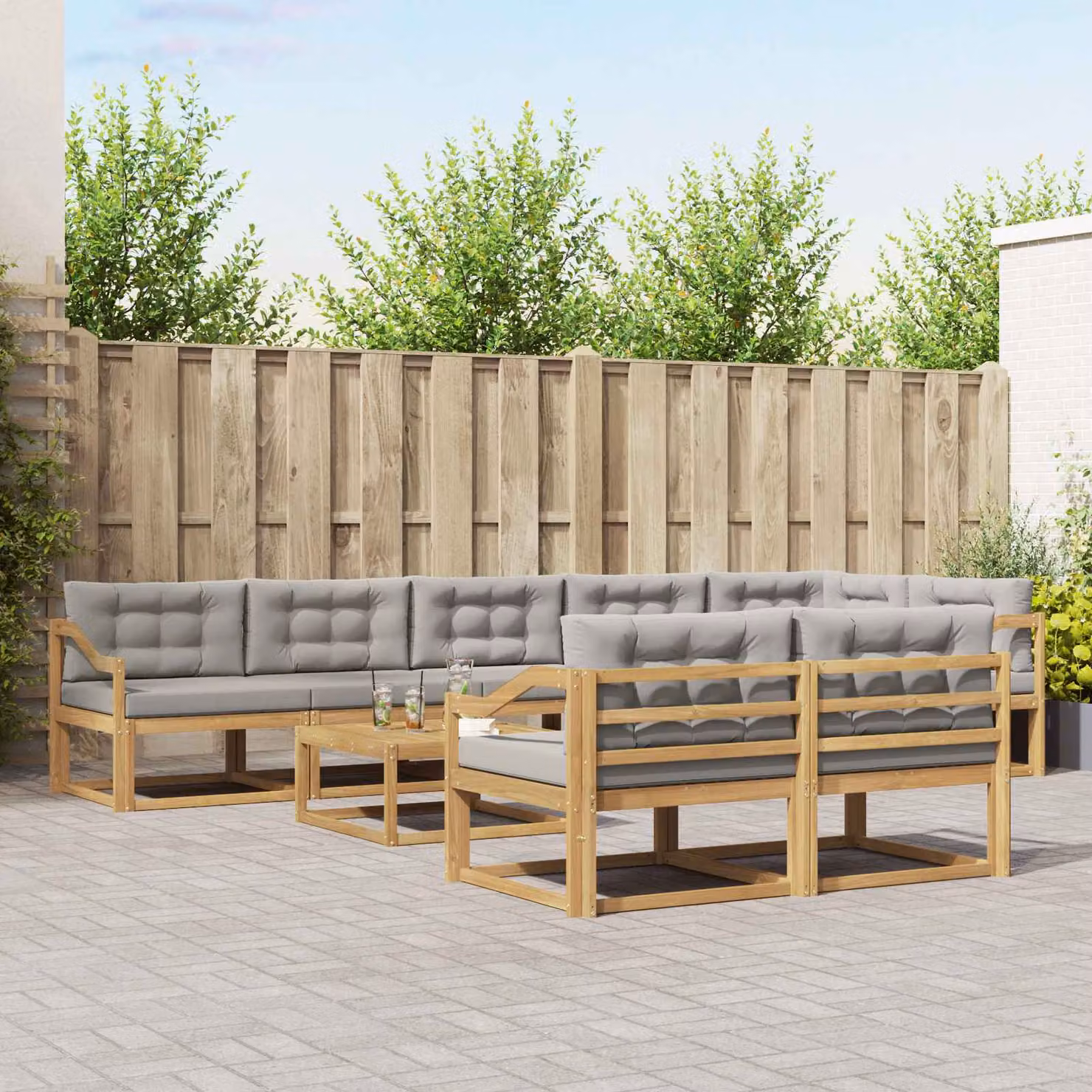 vidaXL Set di divani da esterno a forma di U composto da 9 pezzi in legno di acacia con cuscini, colore bianco, grigio e marrone