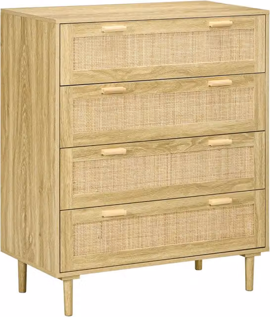Cassettiera 4 cassetti con fronte in rattan ¨C Minimal ¨C 90x45x108,5 cm colore legno chiaro