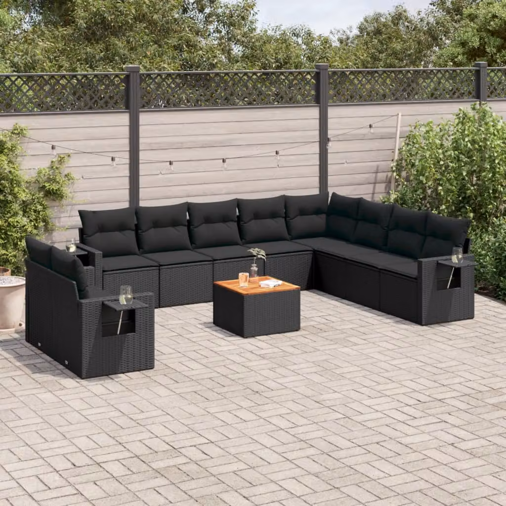 vidaXL Set Divani da Giardino 11 pz in Polyrattan Nero con Cuscini e Tavolino da Esterno – 1