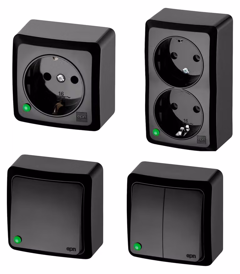 Interruttori e prese a parete, colore nero, da 1 e 2 moduli