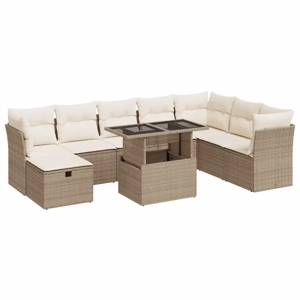 Set Divano da Giardino vidaXL in Polyrattan 9 Pezzi con Cuscini Beige e Tavolino da Esterno – 2