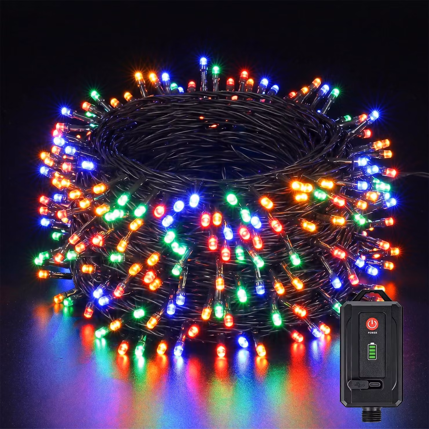Catena luminosa da 40 metri, con 300 LED colorati, alimentata a batteria, grado di protezione IP44, con timer e 8 modalità di illuminazione
