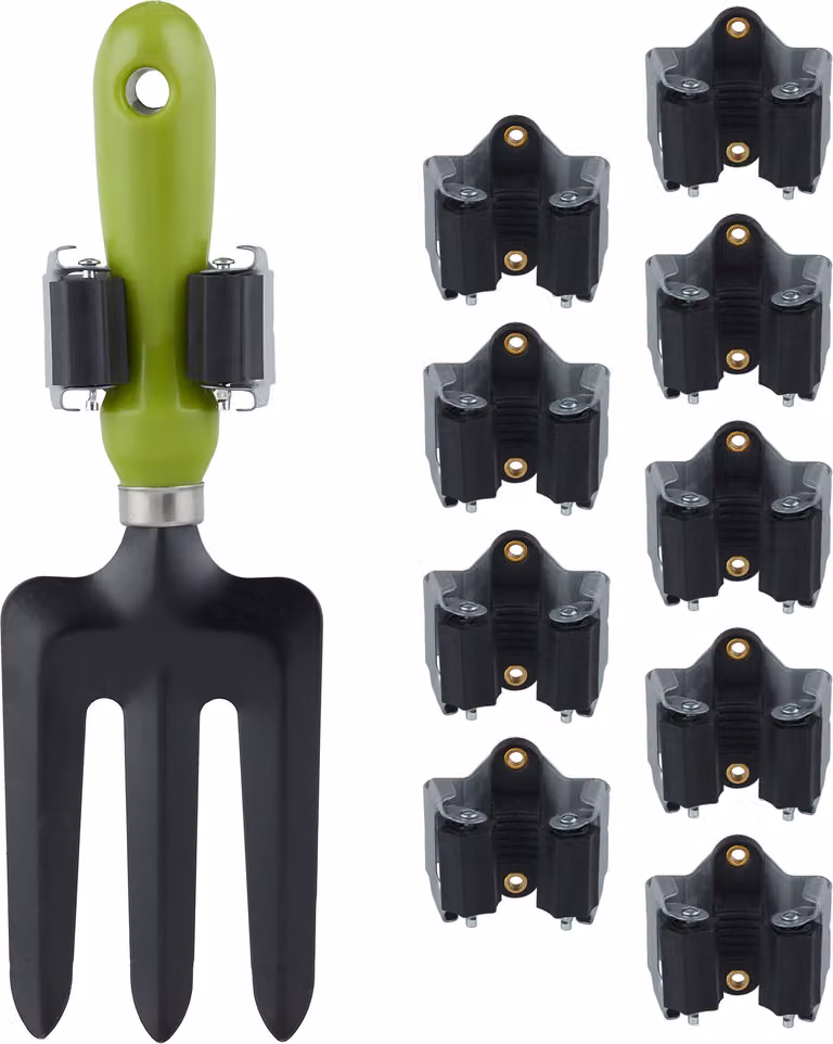 20 supporti per attrezzi, rotelle in gomma con sistema a morsetto, supporto universale per scope da parete, da giardino, in ferro, con supporto per manico, grigio/nero