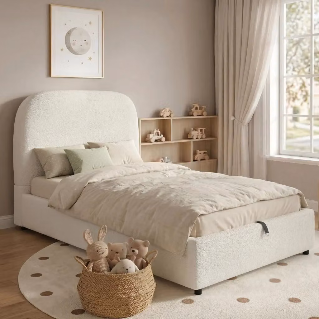 Letto singolo per bambini con contenitore idraulico e testiera imbottita in bouclé beige, L/P/H: 90 x 200 cm – 2