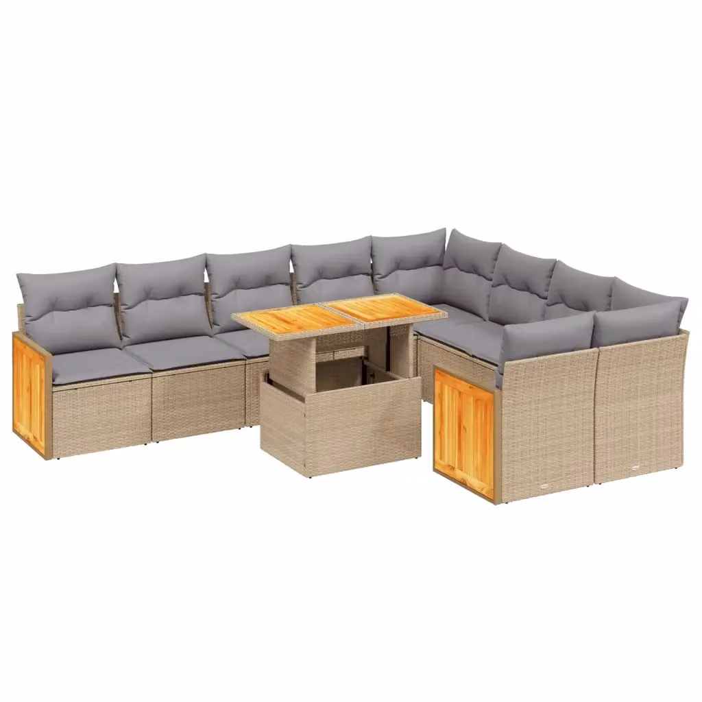 Set Divano da Giardino vidaXL 10 pz con Cuscini Beige e Tavolino in Polyrattan e Legno di Acacia – 2