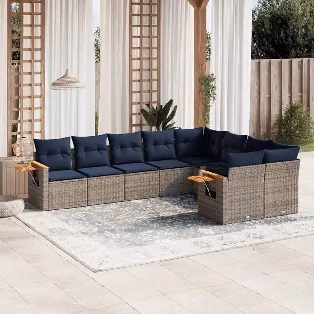 Set Divani da Giardino 9 pz con Cuscini Grigio in Polyrattan 3227146
