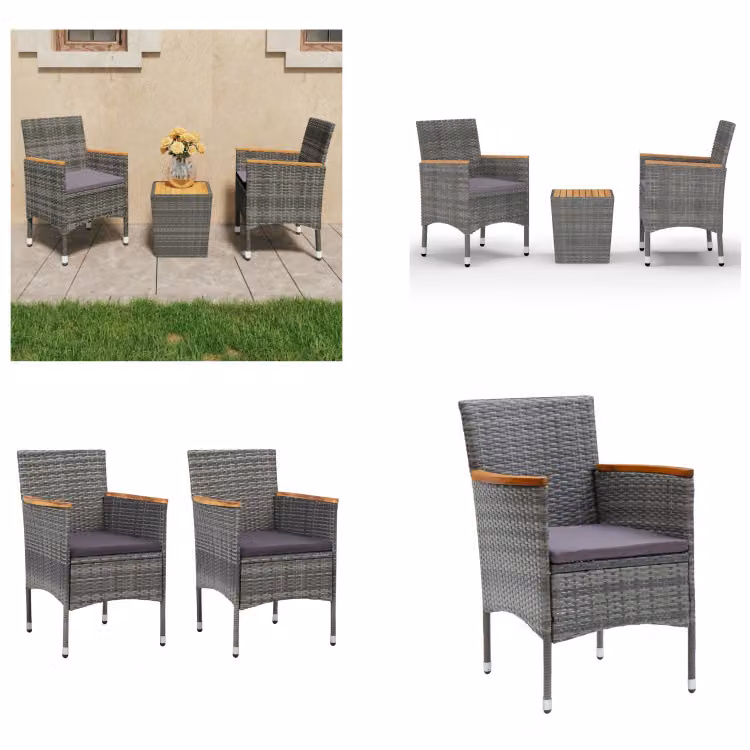 vidaXL 3 pezzi. Set da bistrot in poly rattan e legno d'acacia grigio - Set da bistrot - Set da bistrot - Set da bistrot - Set da bistrot
