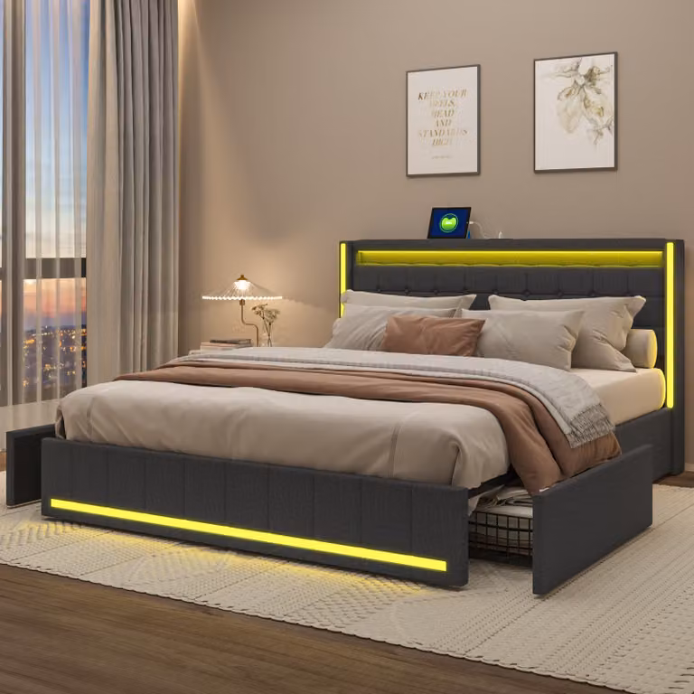Letto imbottito CDGlobal 140 x 200 cm con testiera USB, letto matrimoniale con 4 cassetti, con LED/Tipo-C, letto con rete a doghe e struttura in metallo, letti con rete, lino, grigio