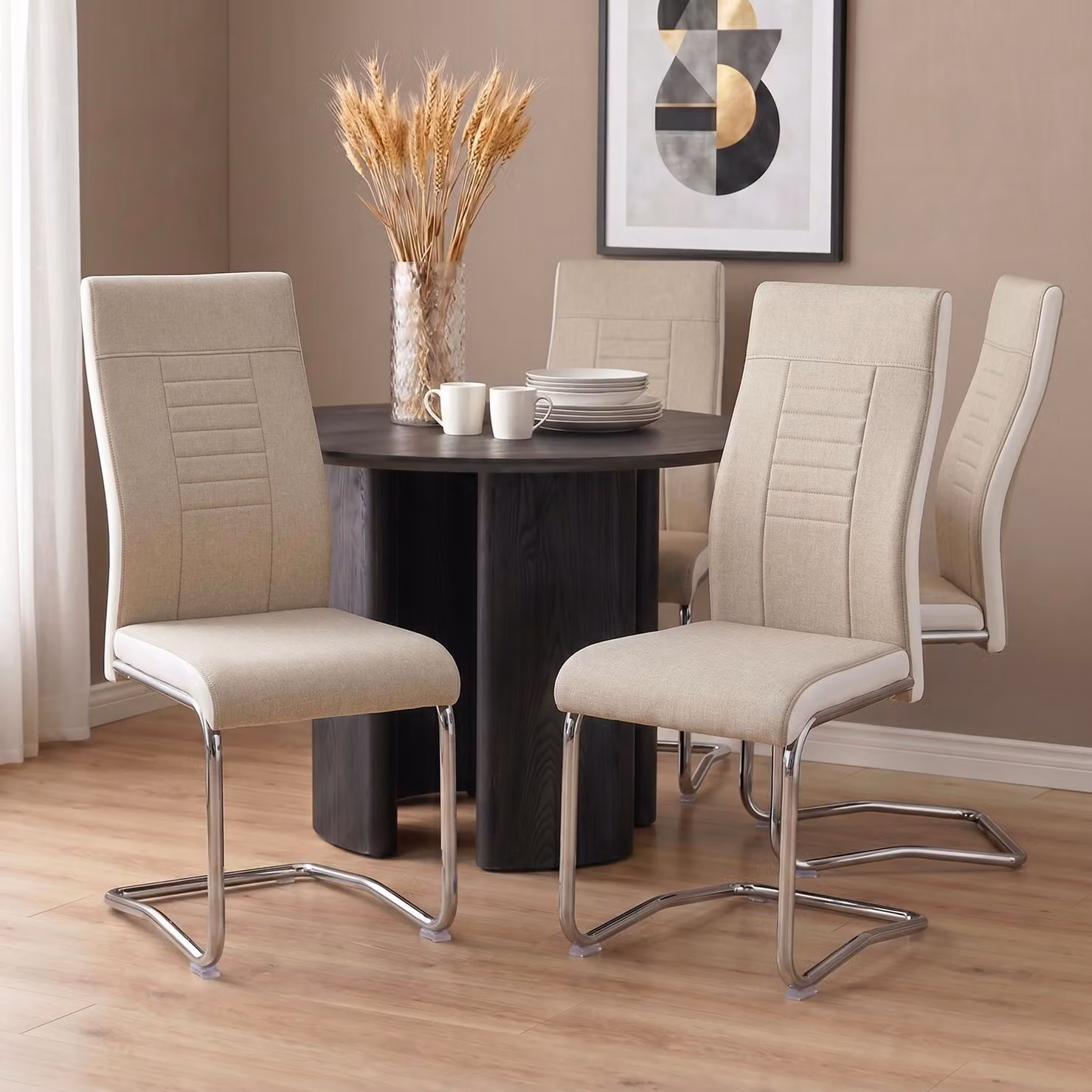 Set da 4 sedie da pranzo ALBA, sedie da cucina a sbalzo, rivestimento in tessuto beige e bianco, struttura in metallo cromato