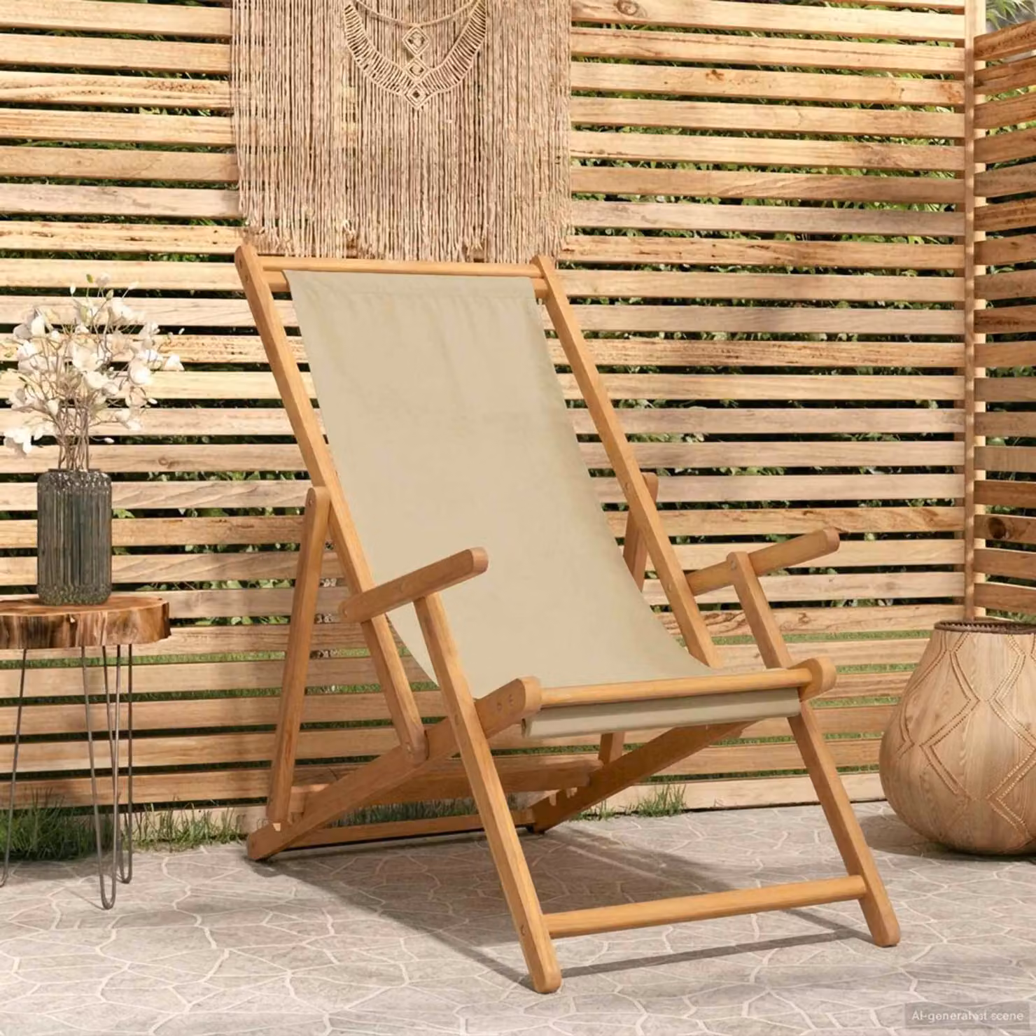 Sedia da spiaggia vidaXL in legno di teak massiccio e tessuto beige resistente ai raggi UV con braccioli