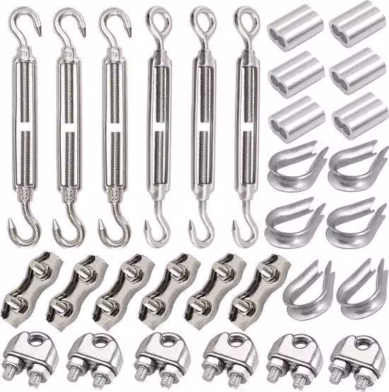 Set da 30 pezzi comprendente un cacciavite M5, una vite doppia M5, un fermacavo in acciaio da 3 mm, un cavo da 3 mm e un fermacavo in alluminio da 3 mm per filo metallico in tensione.