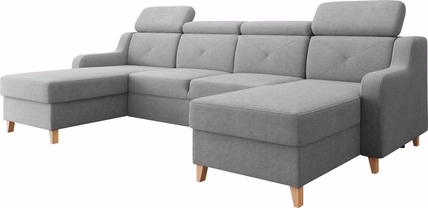 MIRJAN24 Divano componibile Marbella U, divano angolare per soggiorno con due contenitori portaoggetti e funzione letto, forma a "U", gambe in legno, poggiatesta regolabili (colore: Paros 05)