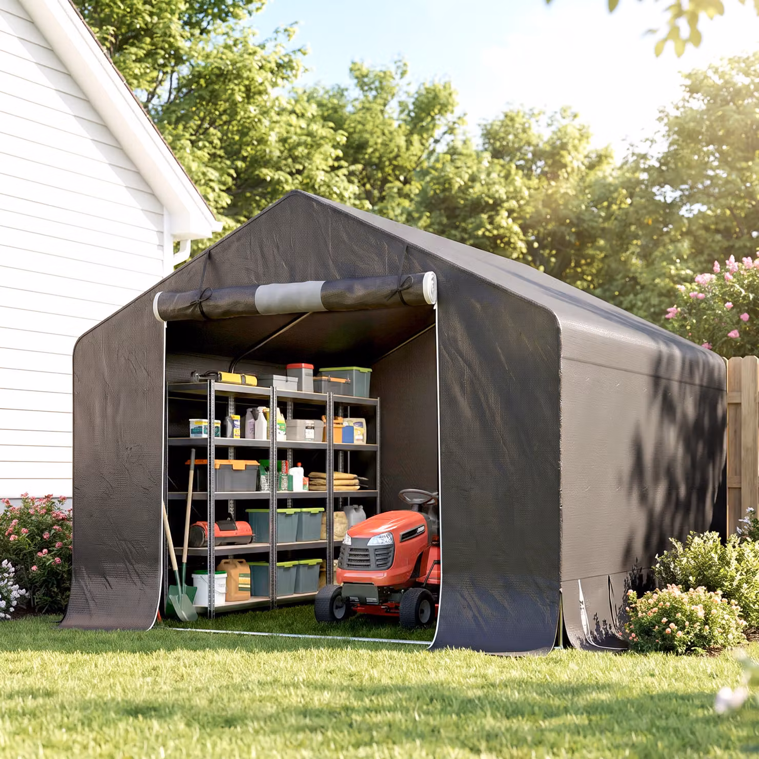Garage per moto e biciclette Outsunny impermeabile con porta e prese d'aria avvolgibili, Grigio Scuro – 2