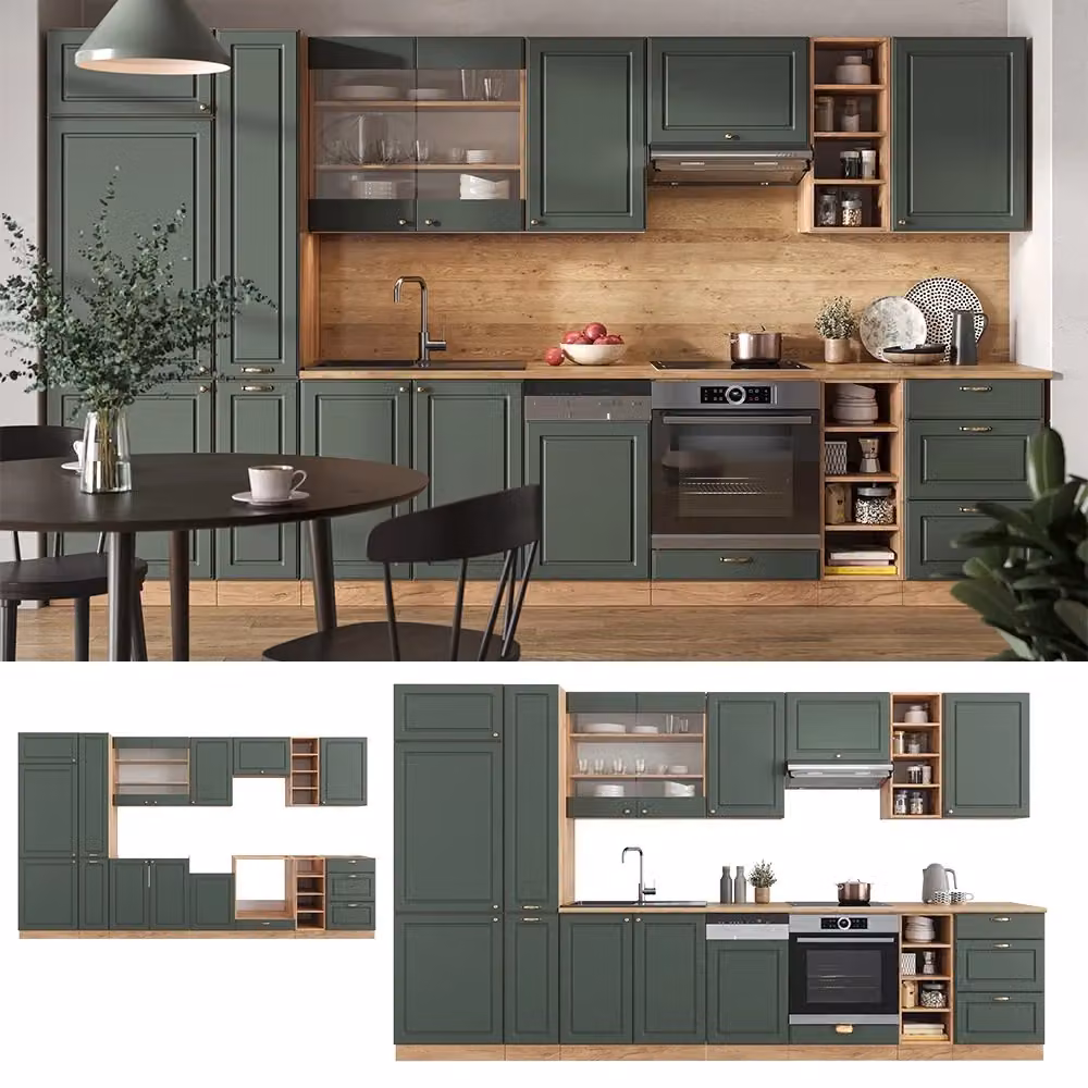 Cucina componibile Vicco Fame-Line Verde-oro e Rovere dorato con piano Antracite, L: 355 cm – 2