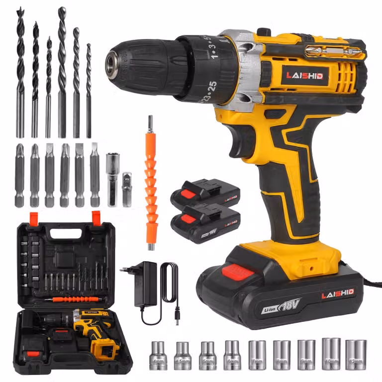 Trapano avvitatore a batteria, coppia di 45 Nm, mandrino autoserrante, 2 batterie + 1 caricabatterie