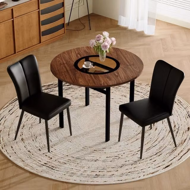 Set tavolo e sedie con tavolo rotondo e 2 sedie per sala da pranzo in vetro, metallo e similpelle marrone e nero