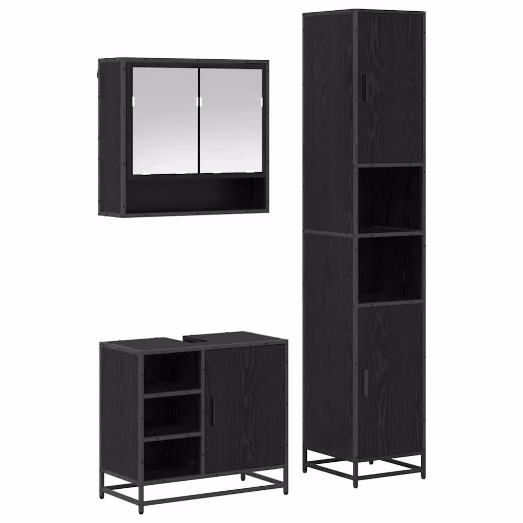 Set di mobili per il bagno moderno vidaXL in 3 pezzi, Rovere e Nero, con armadietto a specchio, mobile lavabo e colonna alta, L/P/H: 60.0 x 53.32 x 120.0 cm – 2