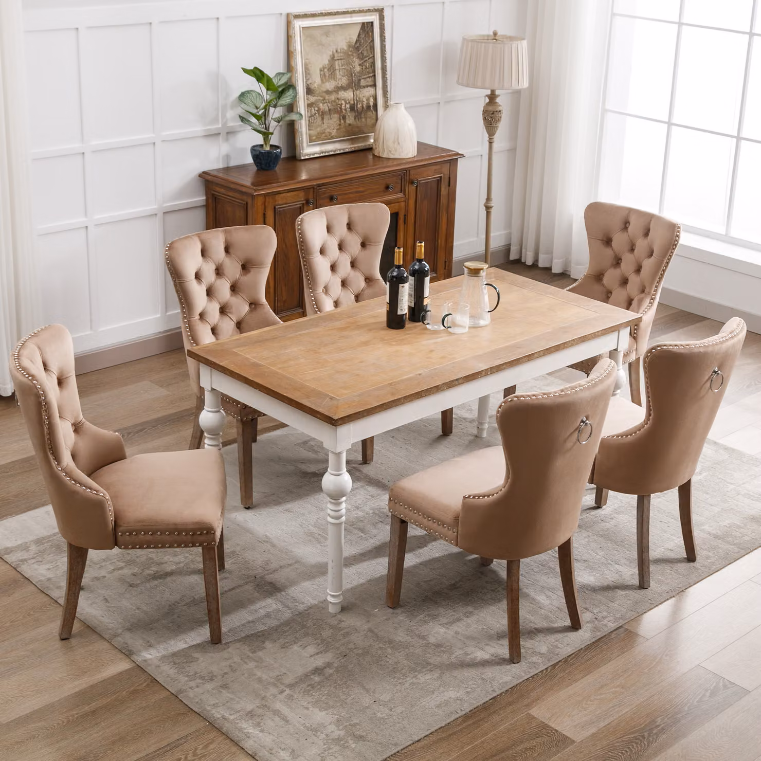 Set di 6 sedie da pranzo Flieks, sedia da cucina con gambe in legno massiccio e anello di trazione, sedia da pranzo imbottita con rivestimento in velluto, marrone