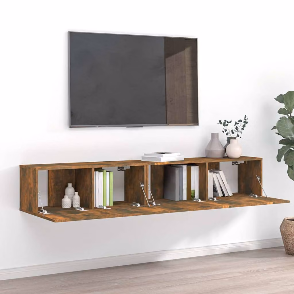 Set di 2 mobili porta TV moderni vidaXL in legno Rovere Fumo marrone con montaggio a parete